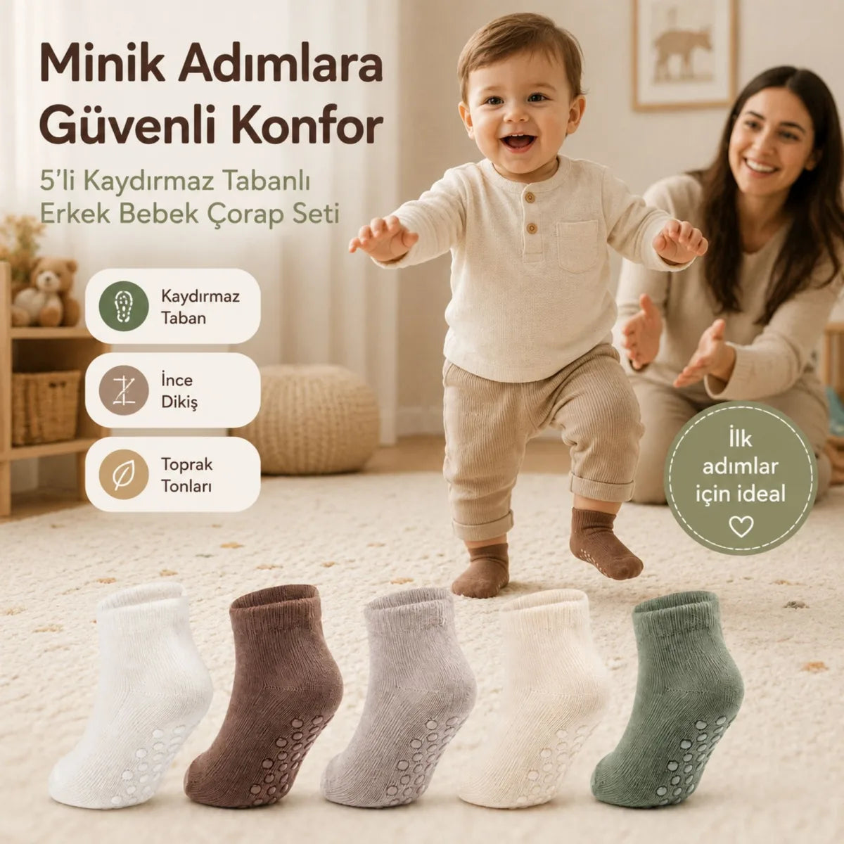 5’li Kaydırmaz Tabanlı Erkek Bebek Çorap Seti İnce Dikişli Toprak Tonları
