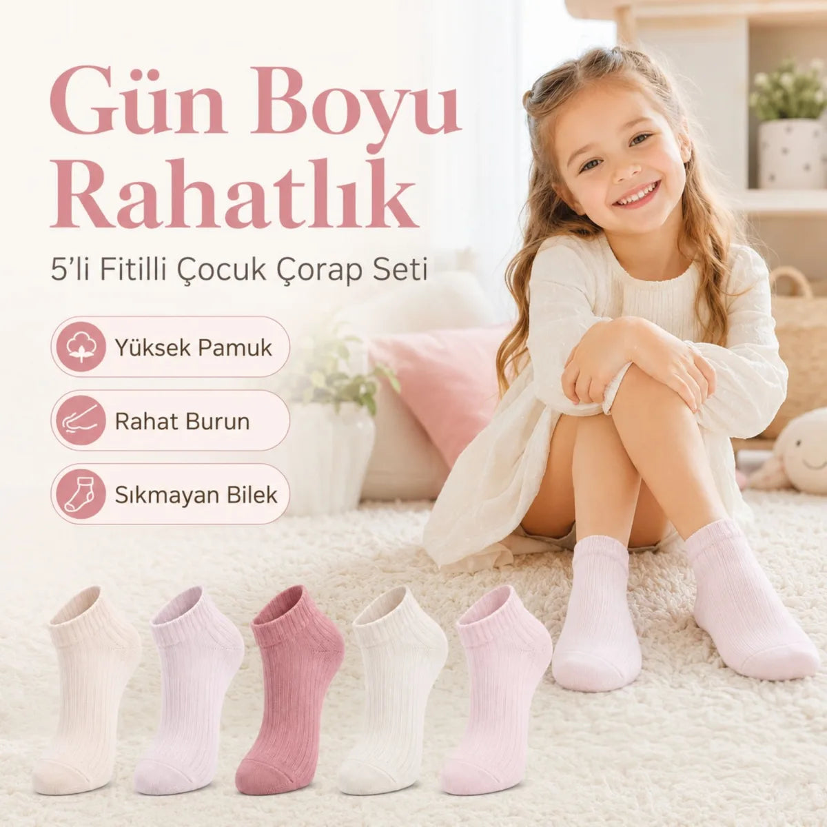 5’li Fitilli Kız Çocuk Çorap Seti Pamuklu Rahat Burunlu Sıkmayan Bilek Pastel Renkli