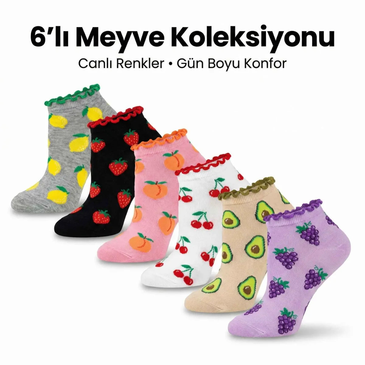 Kadın Meyve Desenli Fırfırlı Soket Çorap 6’lı Set – Renkli, Yumuşak ve Rahat Bilek Çorabı