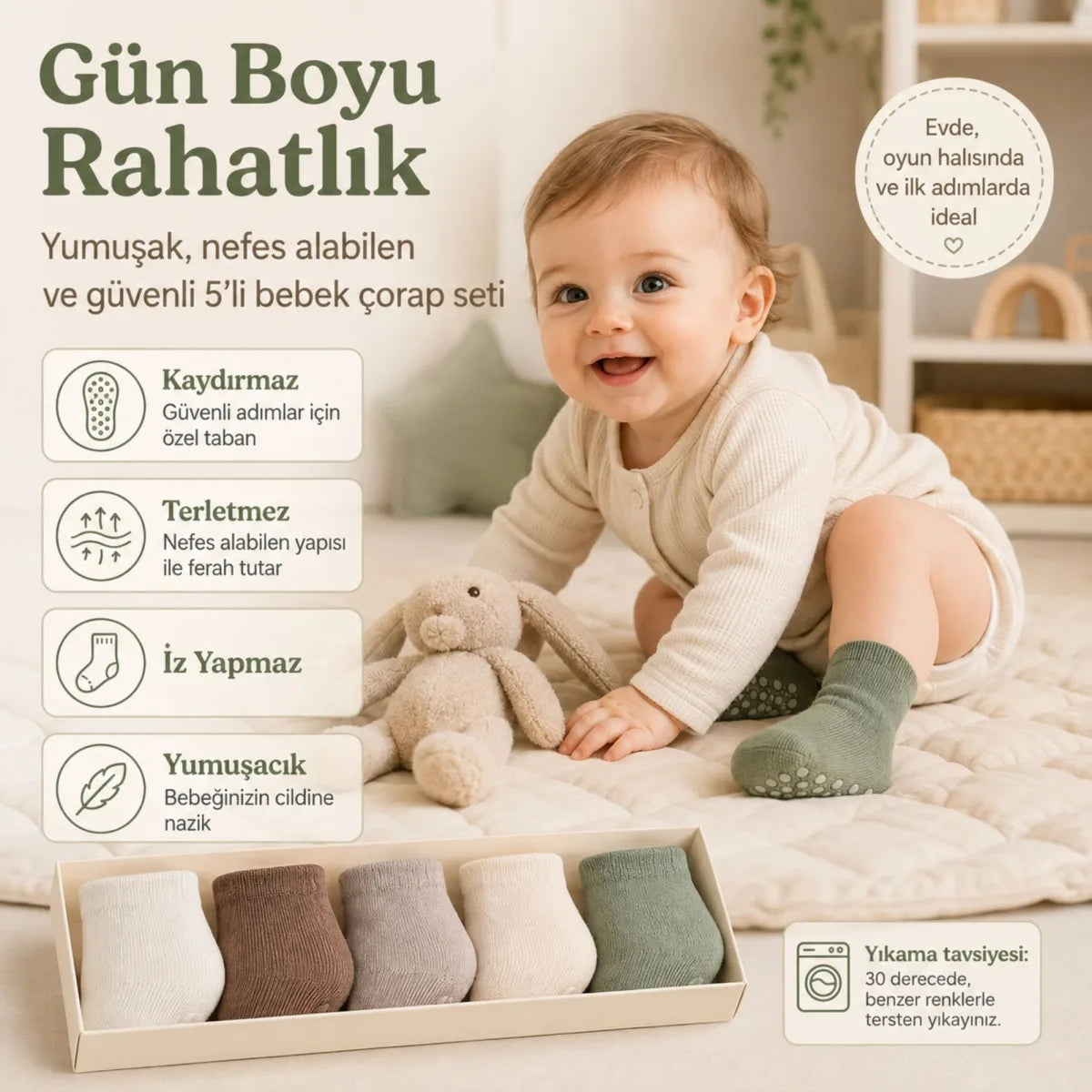 5’li Kaydırmaz Tabanlı Erkek Bebek Çorap Seti İnce Dikişli Toprak Tonları