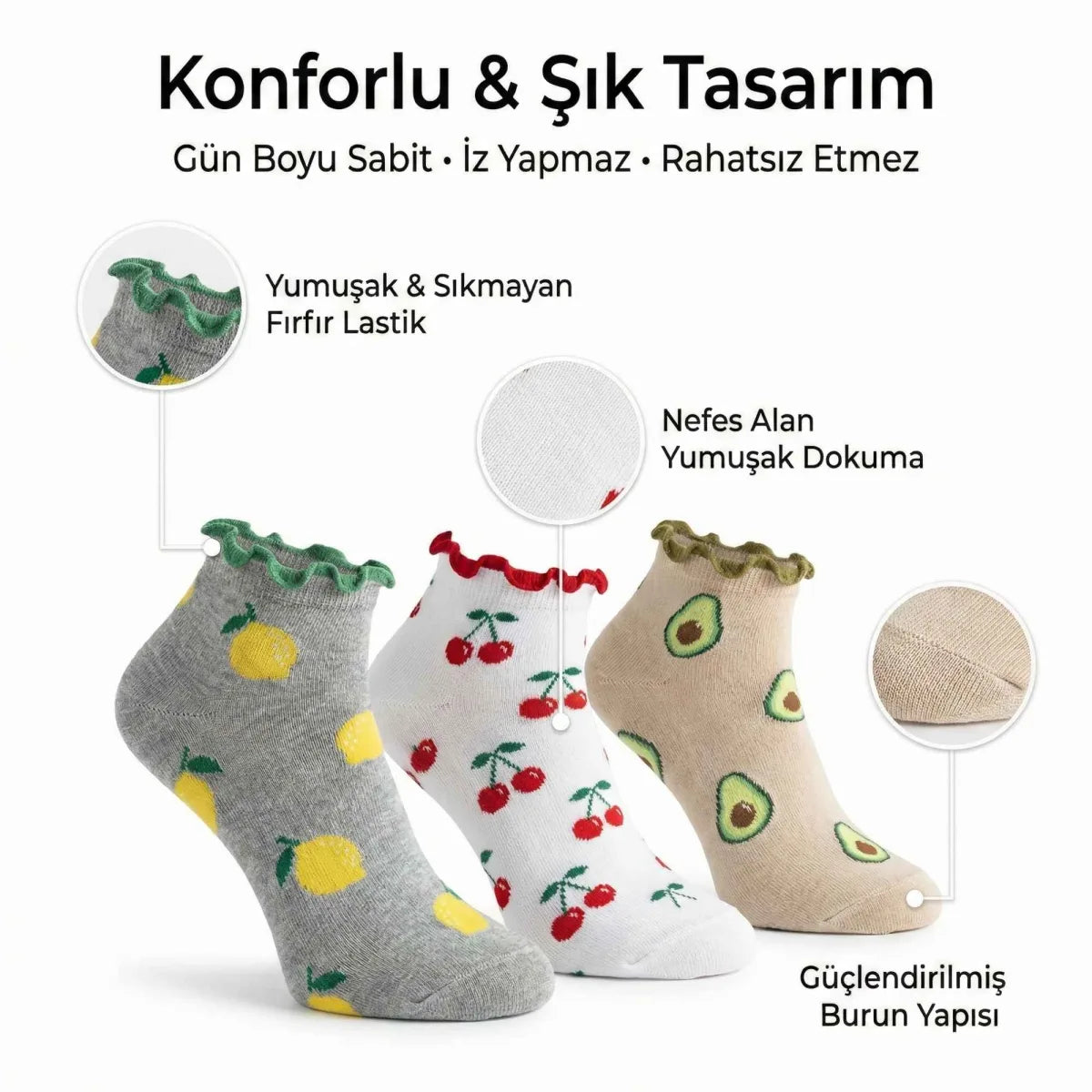 Kadın Meyve Desenli Fırfırlı Soket Çorap 6’lı Set – Renkli, Yumuşak ve Rahat Bilek Çorabı