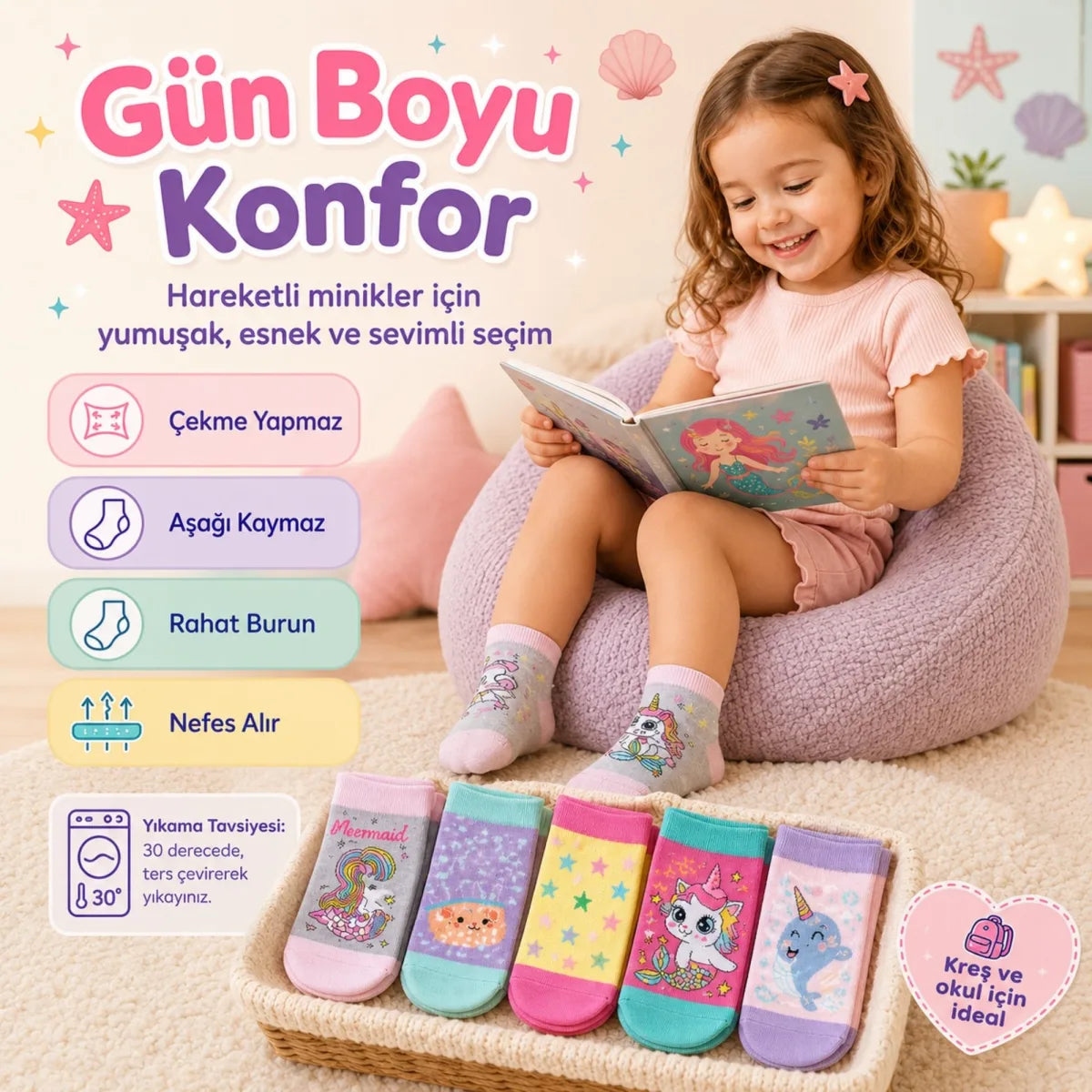 5’li Kız Çocuk Çorap Seti Deniz Kızı Unicorn Desenli Pamuklu Rahat Burunlu Renkli