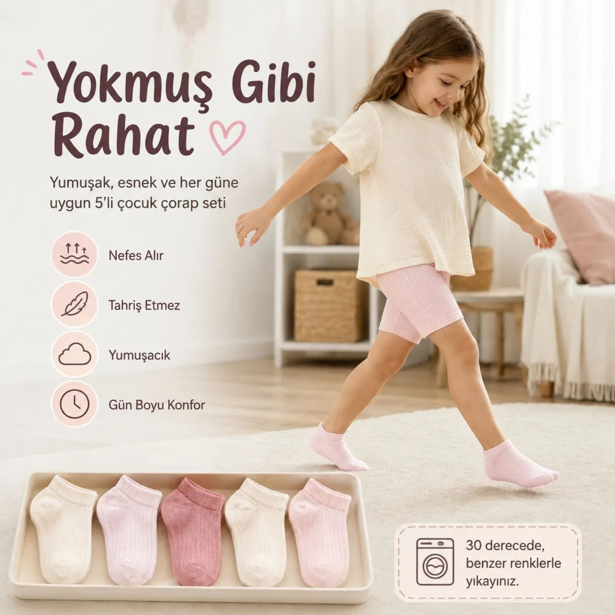 5’li Fitilli Kız Çocuk Çorap Seti Pamuklu Rahat Burunlu Sıkmayan Bilek Pastel Renkli