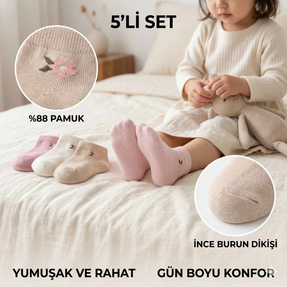 Bebek ve Kız Çocuk Pamuklu Patik Çorap 5’li Set | %88 Pamuk, İnce Burun Dikişli, Yumuşak ve Rahat, 0-12 Ay – 5-6 Yaş