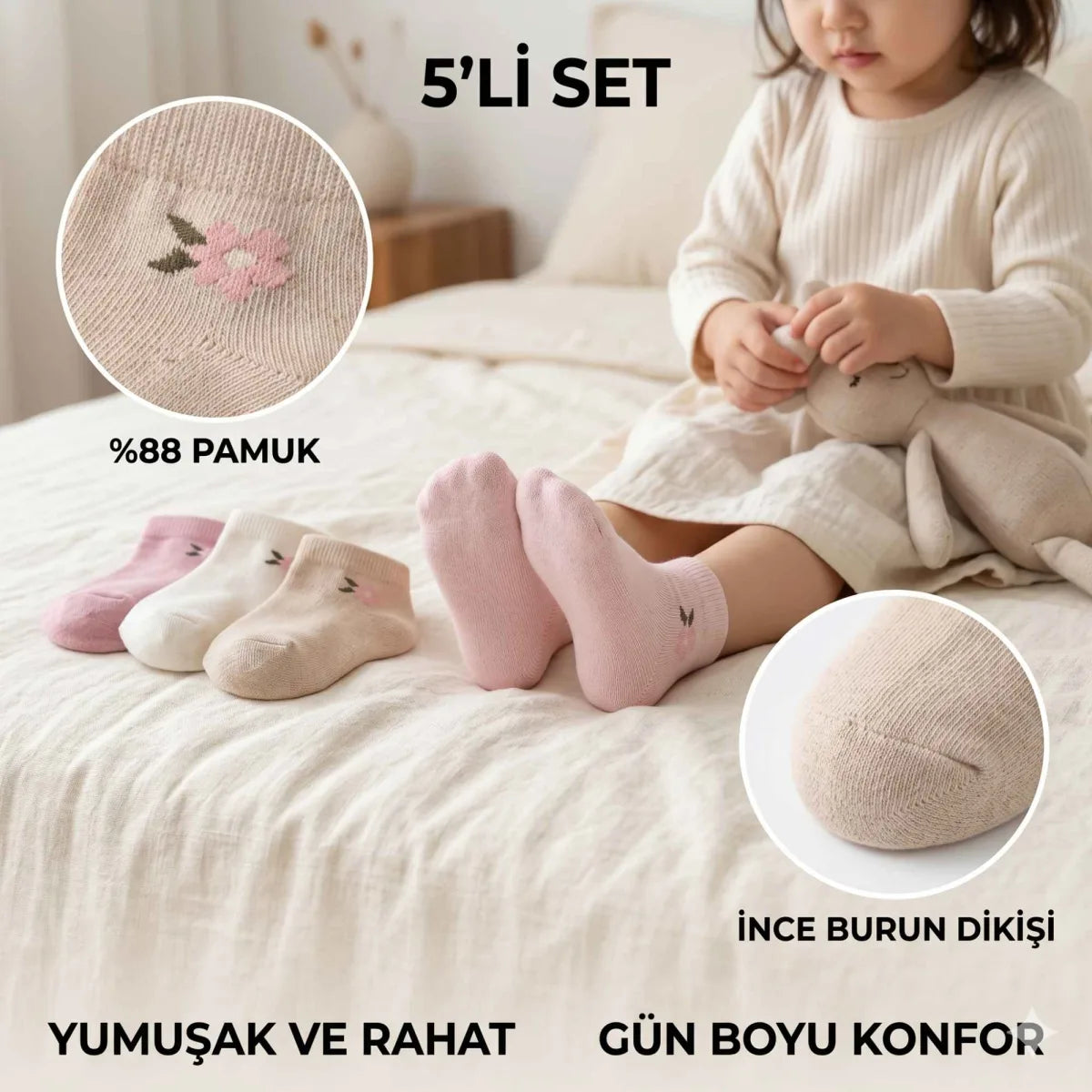 Bebek ve Kız Çocuk Pamuklu Patik Çorap 5’li Set | %88 Pamuk, İnce Burun Dikişli, Yumuşak ve Rahat, 0-12 Ay – 5-6 Yaş