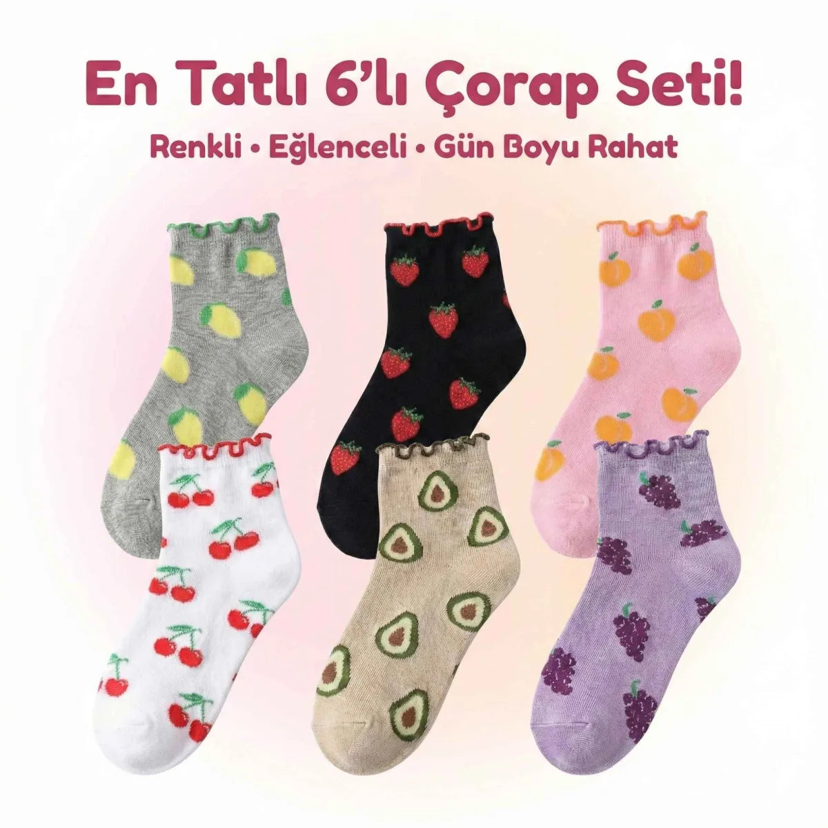 Kadın Meyve Desenli Fırfırlı Soket Çorap 6’lı Set – Renkli, Yumuşak ve Rahat Bilek Çorabı