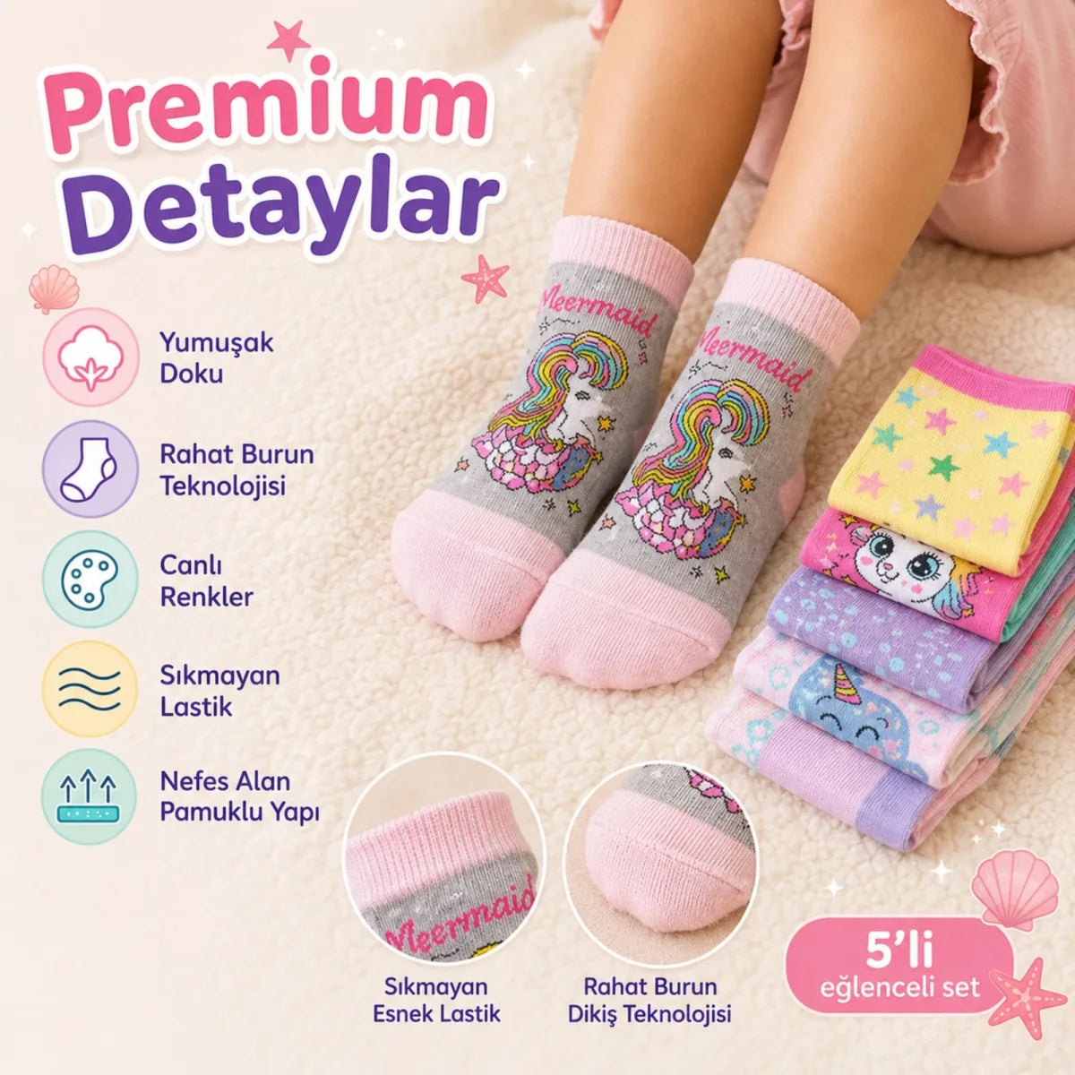 5’li Kız Çocuk Çorap Seti Deniz Kızı Unicorn Desenli Pamuklu Rahat Burunlu Renkli