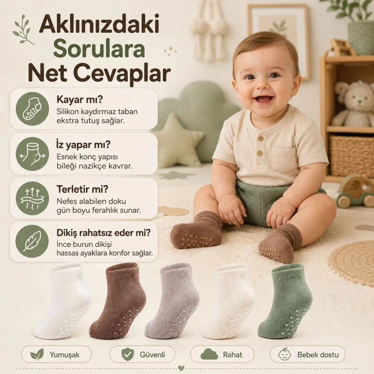 5’li Kaydırmaz Tabanlı Erkek Bebek Çorap Seti İnce Dikişli Toprak Tonları