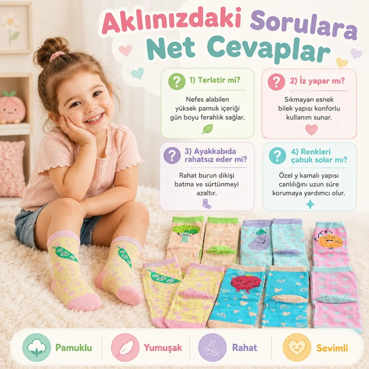5’li Sebze Desenli Çocuk Çorap Seti Yüksek Pamuklu Rahat Burunlu Sıkmayan Lastikli