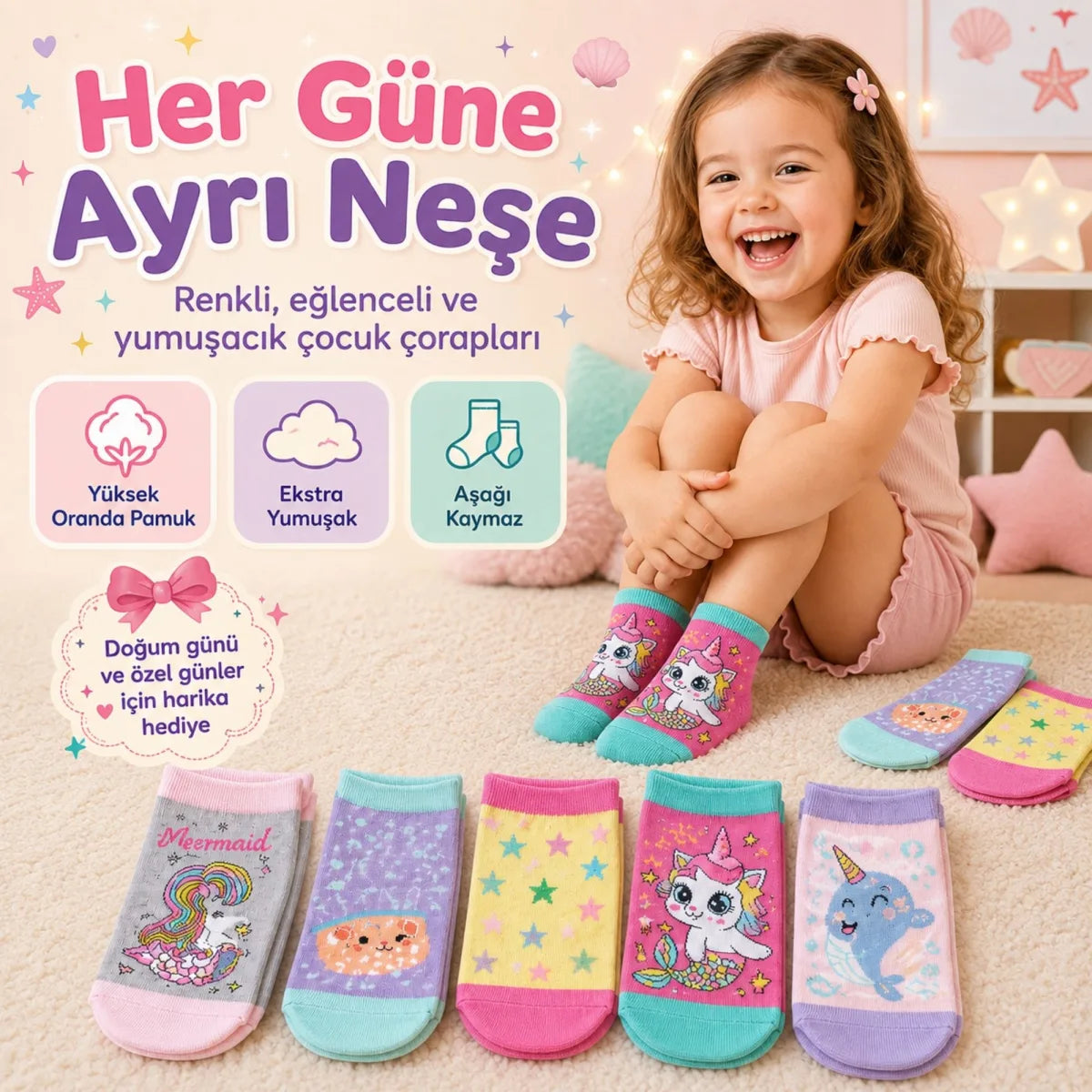 5’li Kız Çocuk Çorap Seti Deniz Kızı Unicorn Desenli Pamuklu Rahat Burunlu Renkli