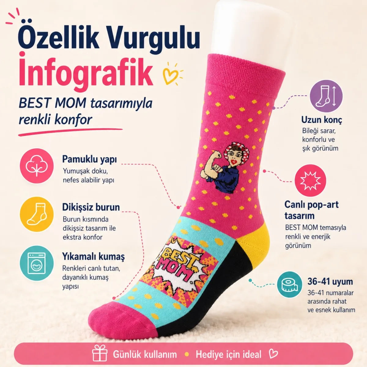 Best Mom Kadın Çorabı 36-40 Pamuklu Dikişsiz Burun Pop Art Desenli Renkli Soket Hediyelik Çorap