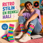 Gökkuşağı Çizgili Retro Paten Desenli Soket Çorap Pamuklu Dikişsiz Burun 36-40 Numara Uzun Konç