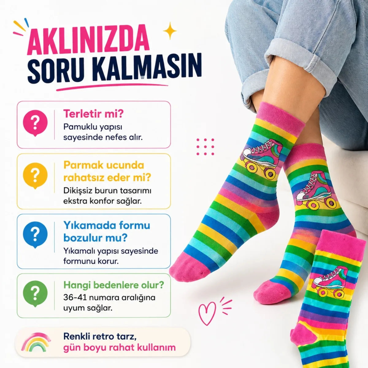 Gökkuşağı Çizgili Retro Paten Desenli Soket Çorap Pamuklu Dikişsiz Burun 36-40 Numara Uzun Konç