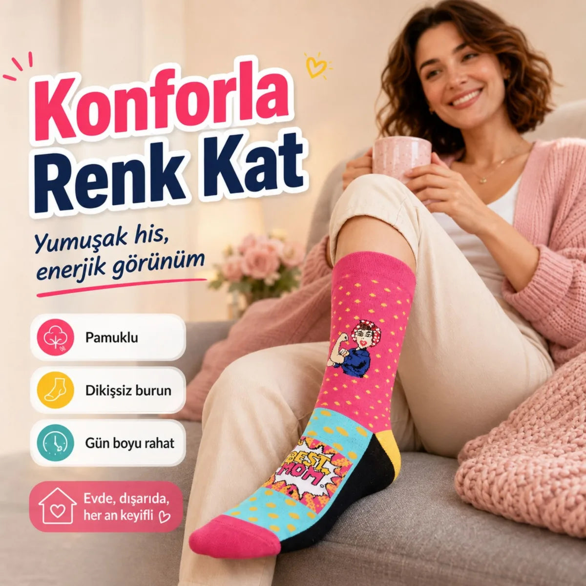 Best Mom Kadın Çorabı 36-40 Pamuklu Dikişsiz Burun Pop Art Desenli Renkli Soket Hediyelik Çorap