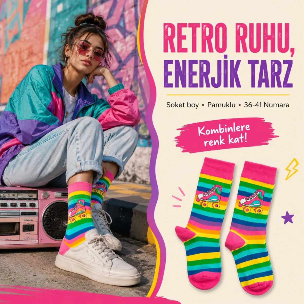 Gökkuşağı Çizgili Retro Paten Desenli Soket Çorap Pamuklu Dikişsiz Burun 36-40 Numara Uzun Konç