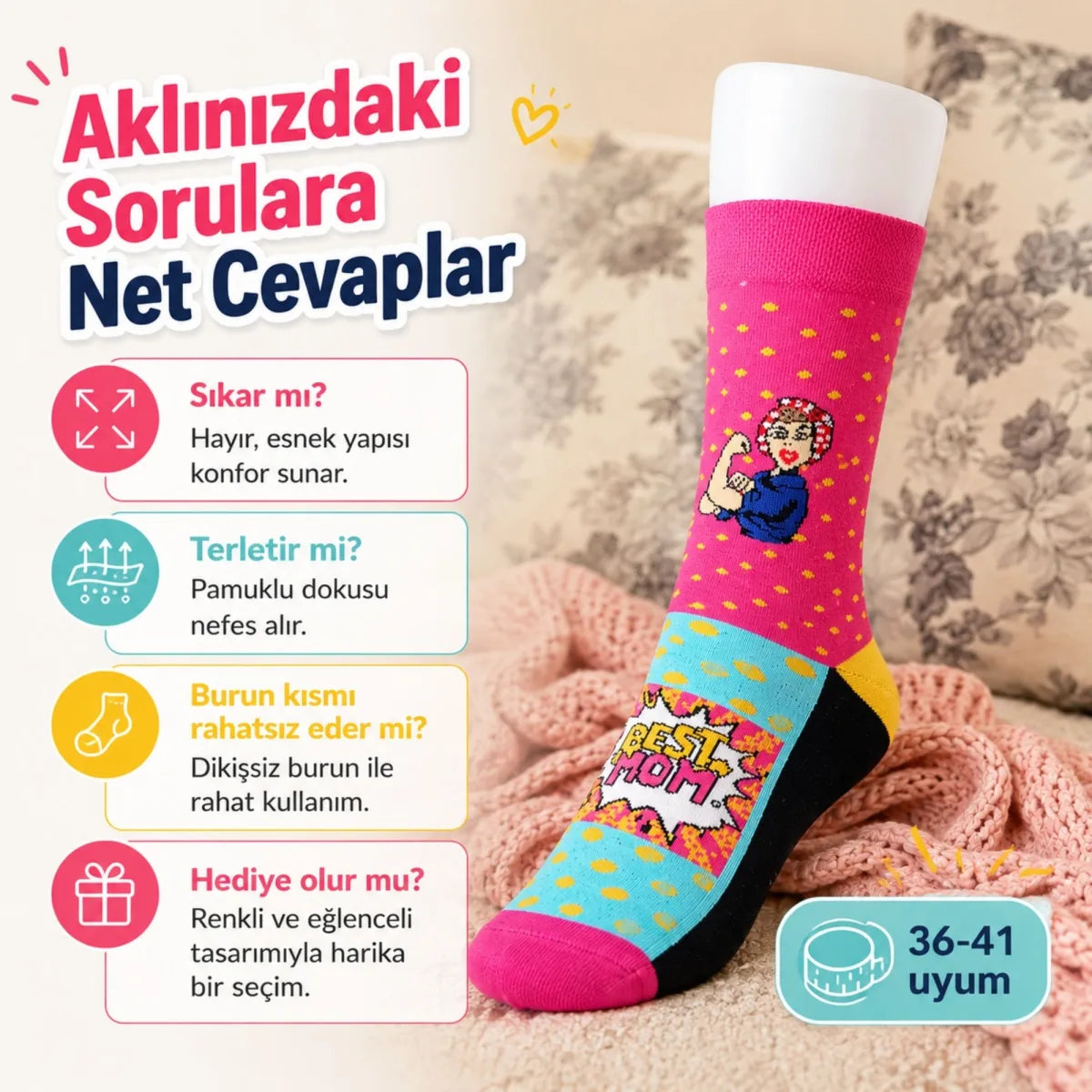 Best Mom Kadın Çorabı 36-40 Pamuklu Dikişsiz Burun Pop Art Desenli Renkli Soket Hediyelik Çorap
