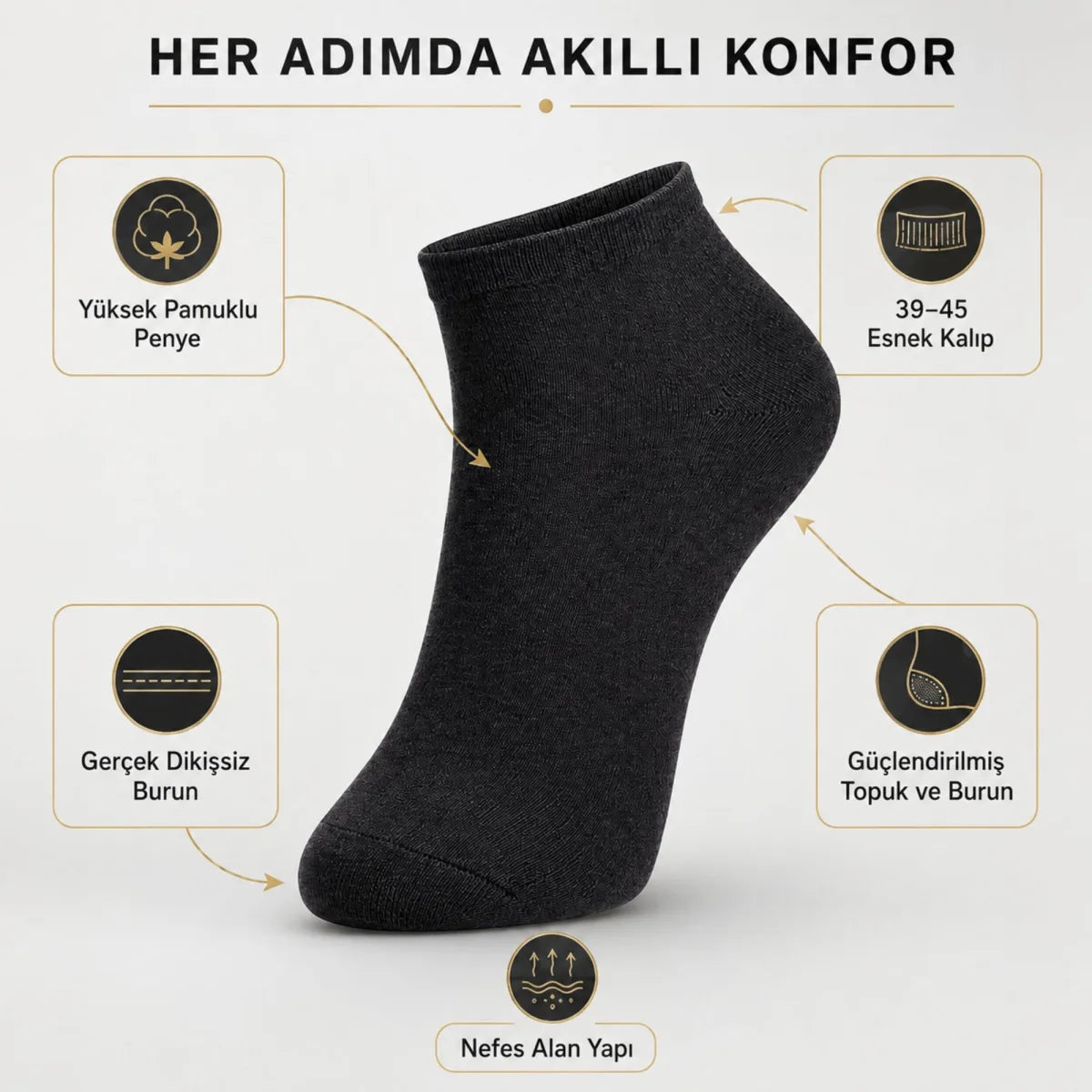 Erkek Pamuklu Patik Çorap 12’li Paket 39-44 | Dikişsiz Burun, Koku Karşıtı, Nefes Alan Kısa Konç Sneaker Çorabı