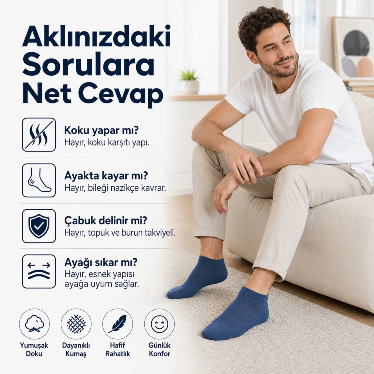 Erkek Pamuklu Patik Çorap 6’lı Paket 39-44 | Dikişsiz Burun, Koku Karşıtı, Nefes Alan Kısa Konç Sneaker Çorabı