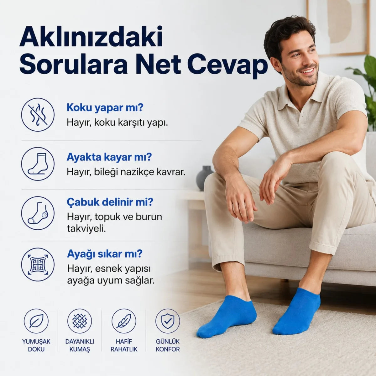Erkek Pamuklu Patik Çorap 6’lı Paket 39-44 | Dikişsiz Burun, Koku Karşıtı, Nefes Alan Kısa Konç Sneaker Çorabı
