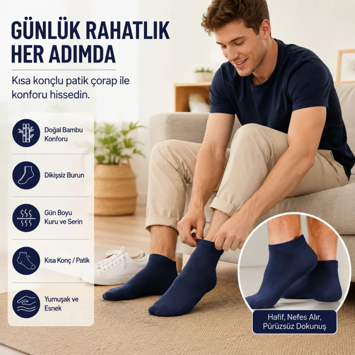 Erkek Kısa Konç 12’li Bambu Çorap 39-44 Dikişsiz Burun Nefes Alan Yumuşak Günlük Patik Çorap