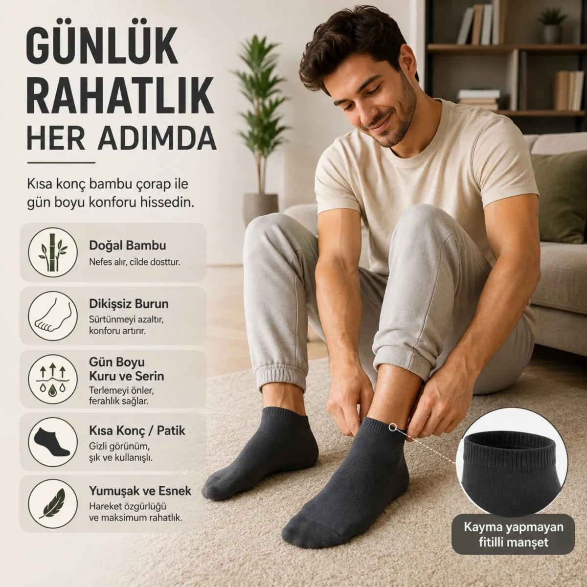 Erkek Kısa Konç 12’li Bambu Çorap 39-44 Dikişsiz Burun Nefes Alan Yumuşak Günlük Patik Çorap