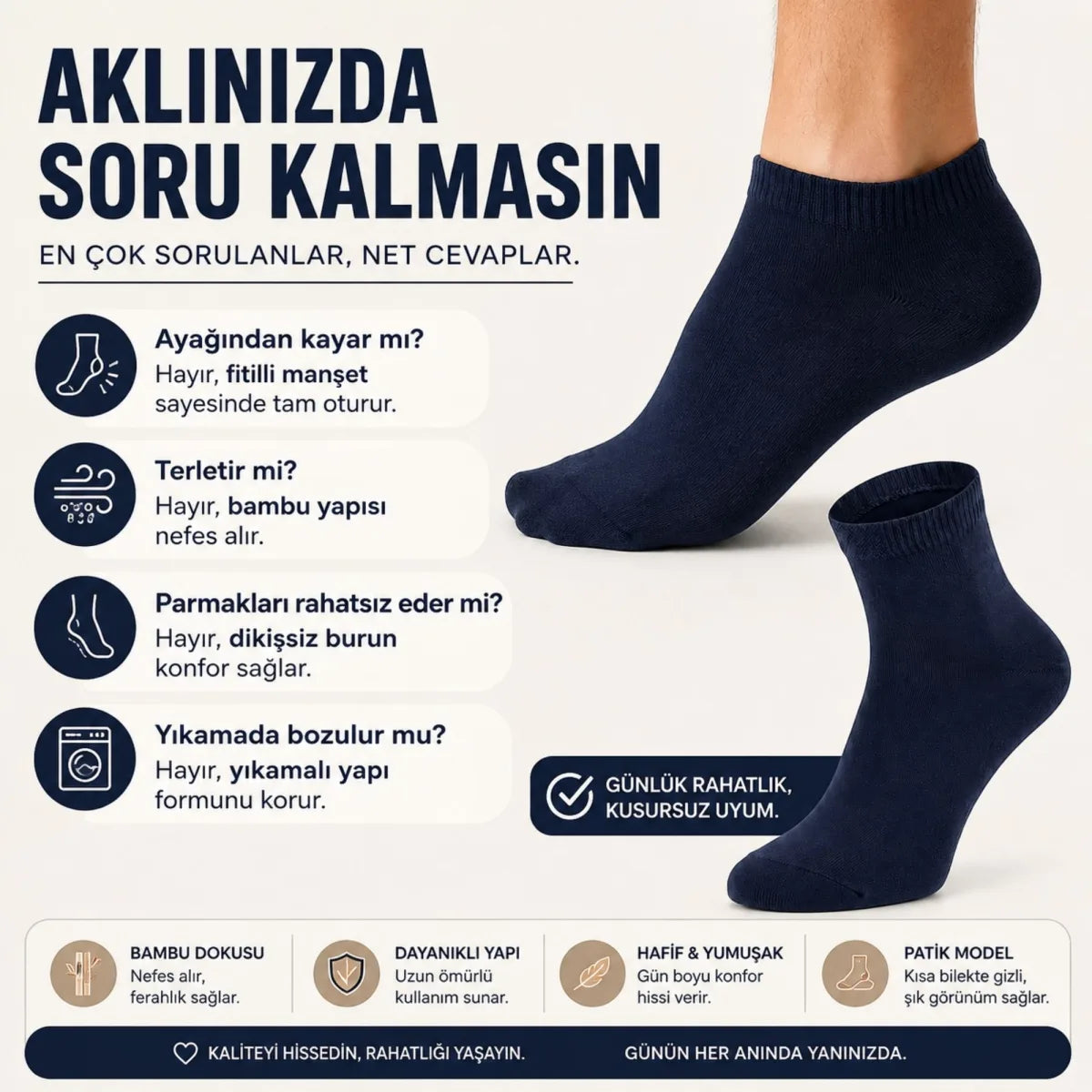 Erkek Kısa Konç 6’lı Bambu Çorap 39-44 Dikişsiz Burun Nefes Alan Yumuşak Günlük Patik Çorap