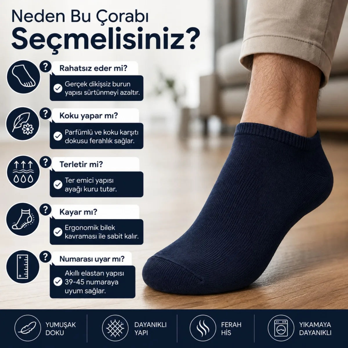 Erkek Patik Çorap 12’li Renk Seçenekleri 39-44 Yüksek Pamuklu Dikişsiz Koku Karşıtı