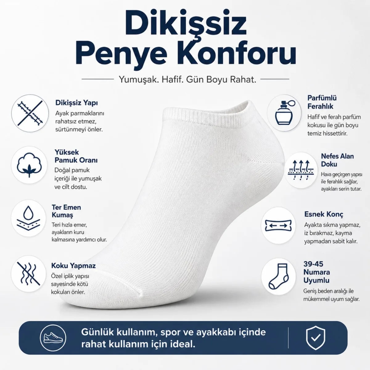 Erkek Patik Çorap 6’lı Siyah Beyaz Lacivert 39-44 Yüksek Pamuklu Dikişsiz Koku Karşıtı