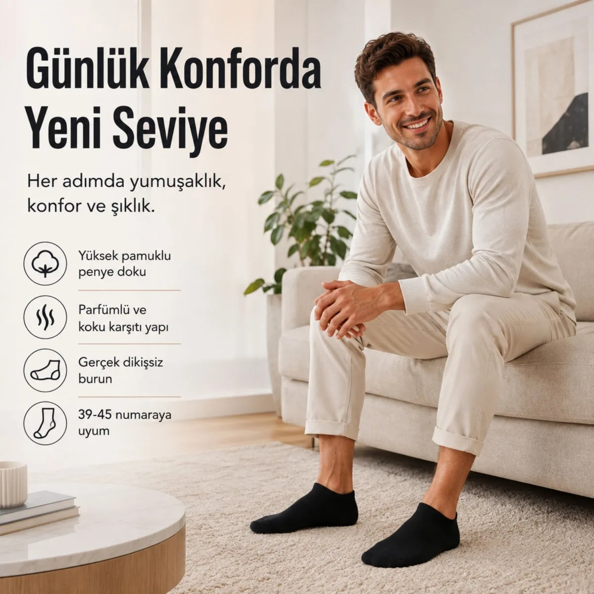 Erkek Patik Çorap 6’lı Siyah Beyaz Lacivert 39-44 Yüksek Pamuklu Dikişsiz Koku Karşıtı