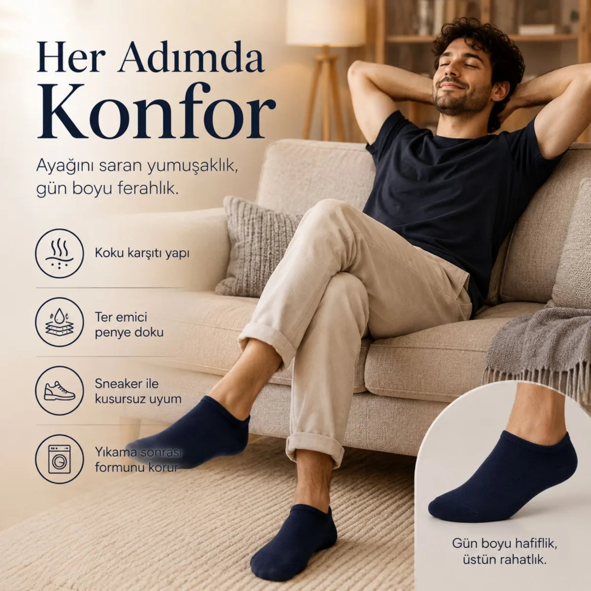 Erkek Patik Çorap 6’lı Siyah Beyaz Lacivert 39-44 Yüksek Pamuklu Dikişsiz Koku Karşıtı