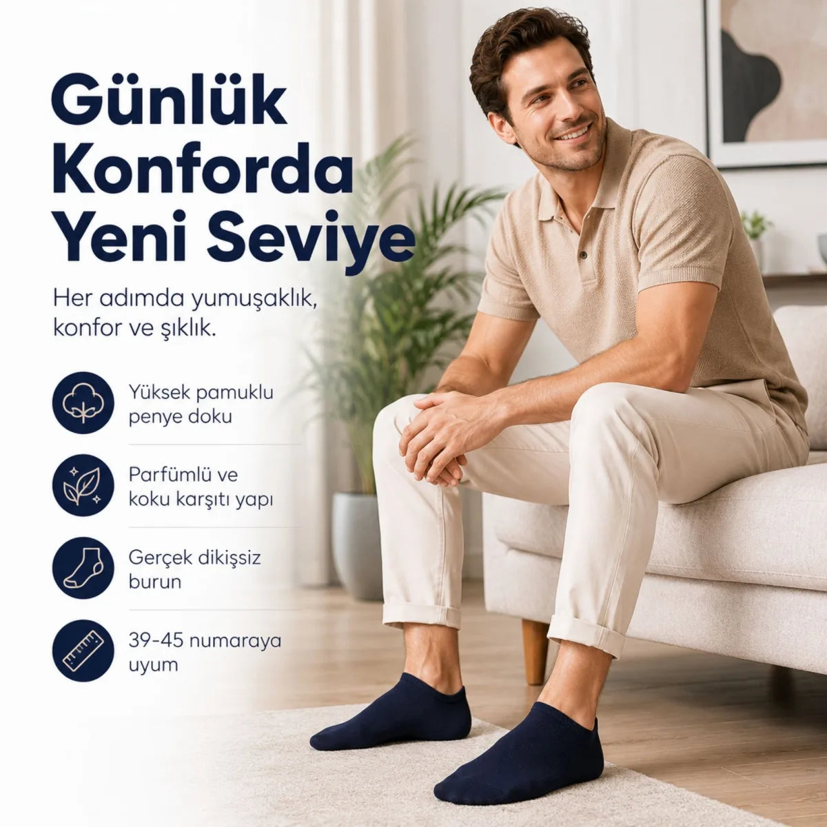 Erkek Patik Çorap 6’lı Siyah Beyaz Lacivert 39-44 Yüksek Pamuklu Dikişsiz Koku Karşıtı
