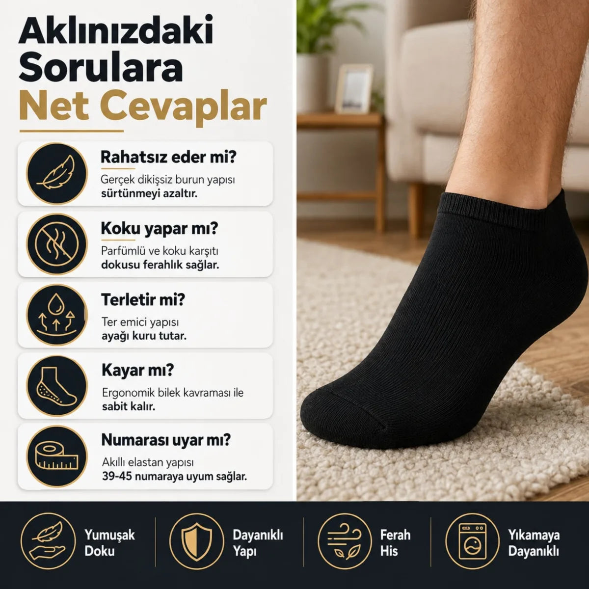 Erkek Patik Çorap 6’lı Siyah Beyaz Lacivert 39-44 Yüksek Pamuklu Dikişsiz Koku Karşıtı