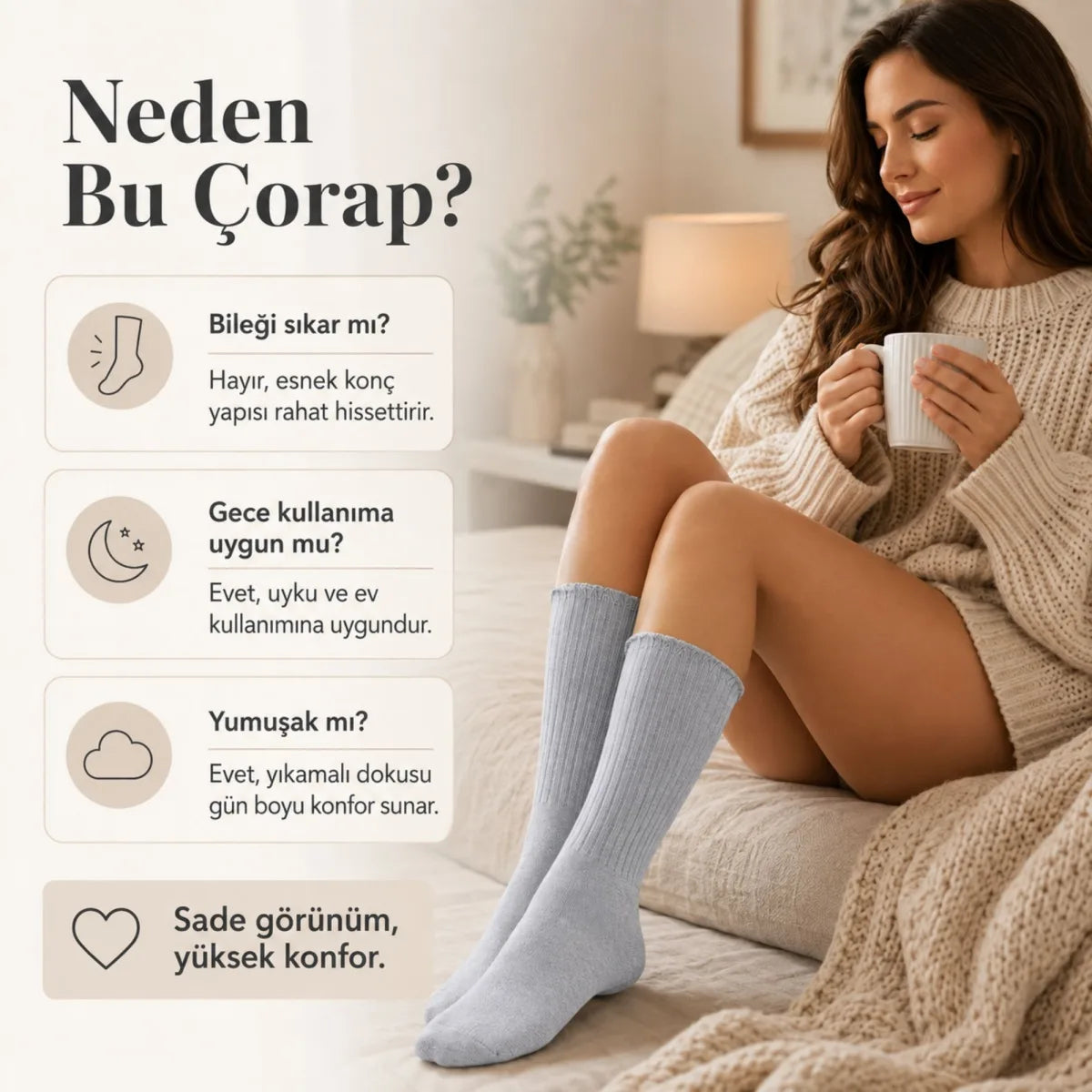 Kadın 3’lü Uyku Çorabı 37-41 Uzun Soket Yumuşak Fitilli Sıkmayan Esnek Ev Çorabı Gri Bej