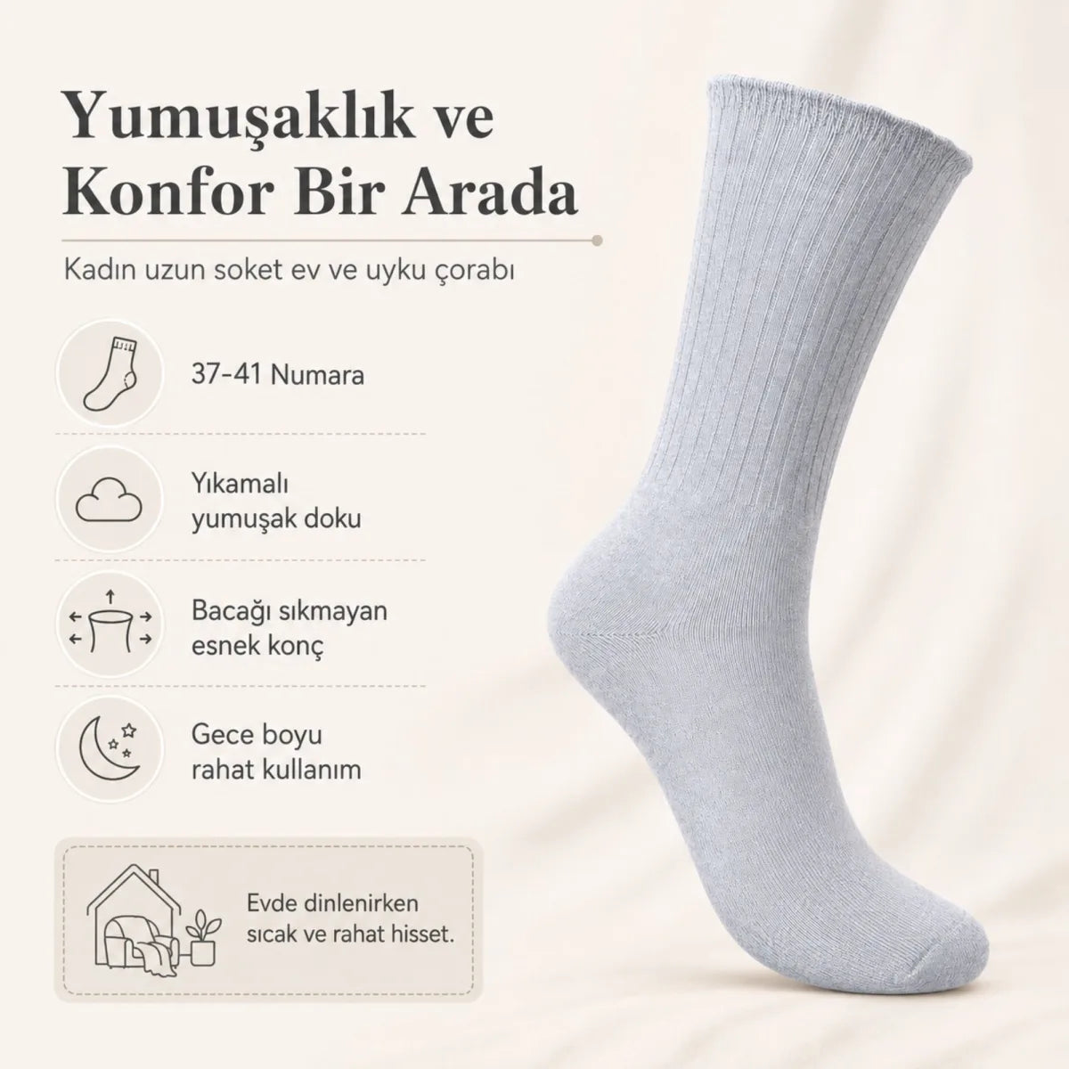 Kadın 3’lü Uyku Çorabı 37-41 Uzun Soket Yumuşak Fitilli Sıkmayan Esnek Ev Çorabı Gri Bej