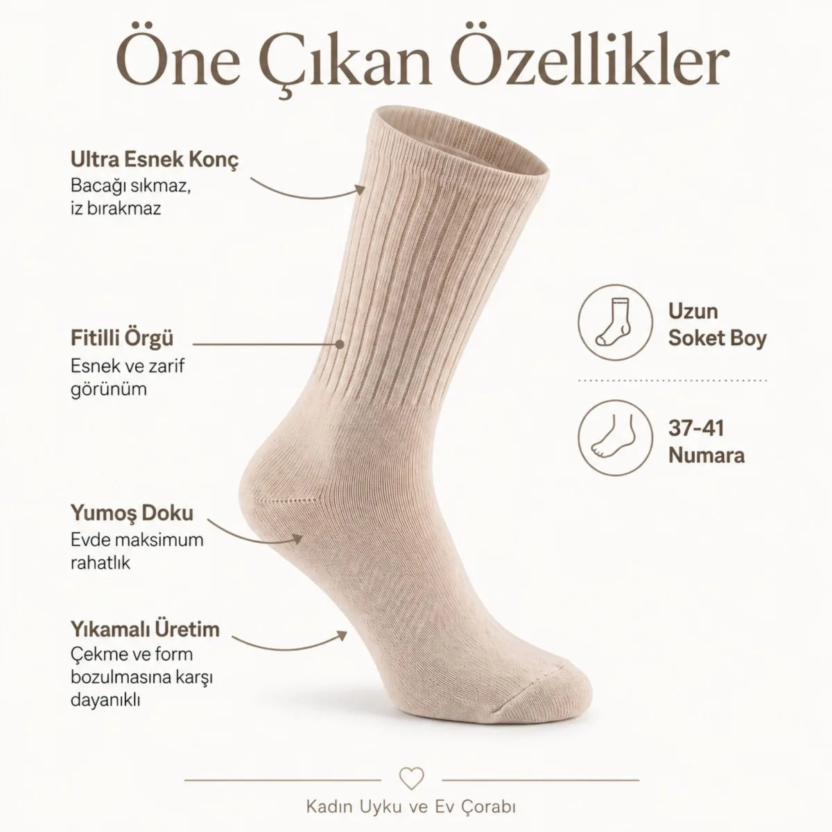 Kadın 3’lü Uyku Çorabı 37-41 Uzun Soket Yumuşak Fitilli Sıkmayan Esnek Ev Çorabı Gri Bej