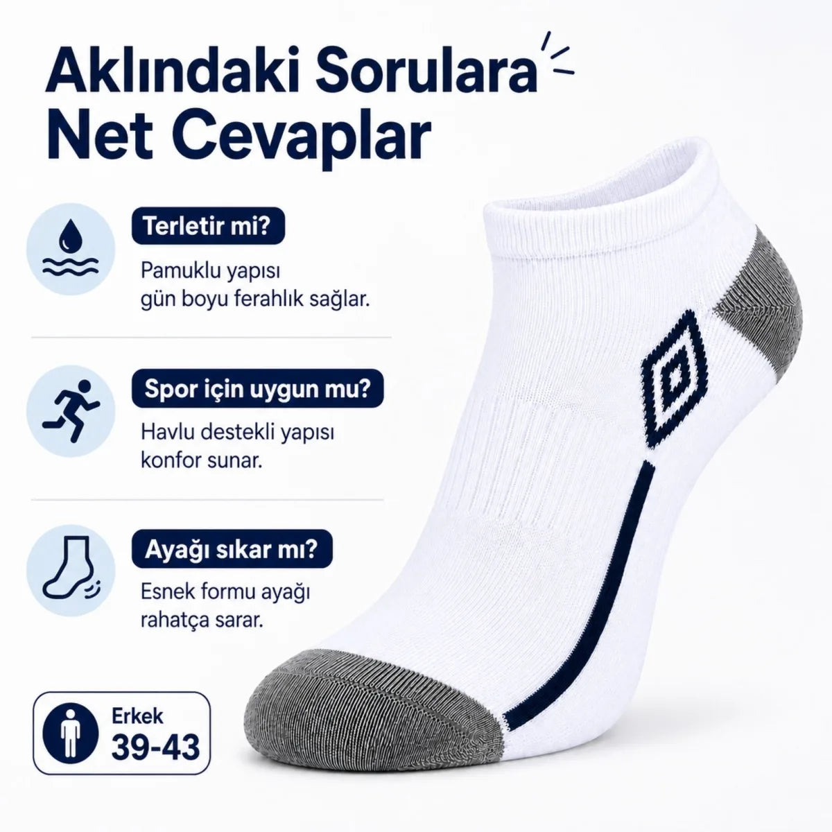 Erkek 3’lü Spor Patik Çorap 39-44 Pamuklu Havlu Destekli Bilek Boy Beyaz Gri