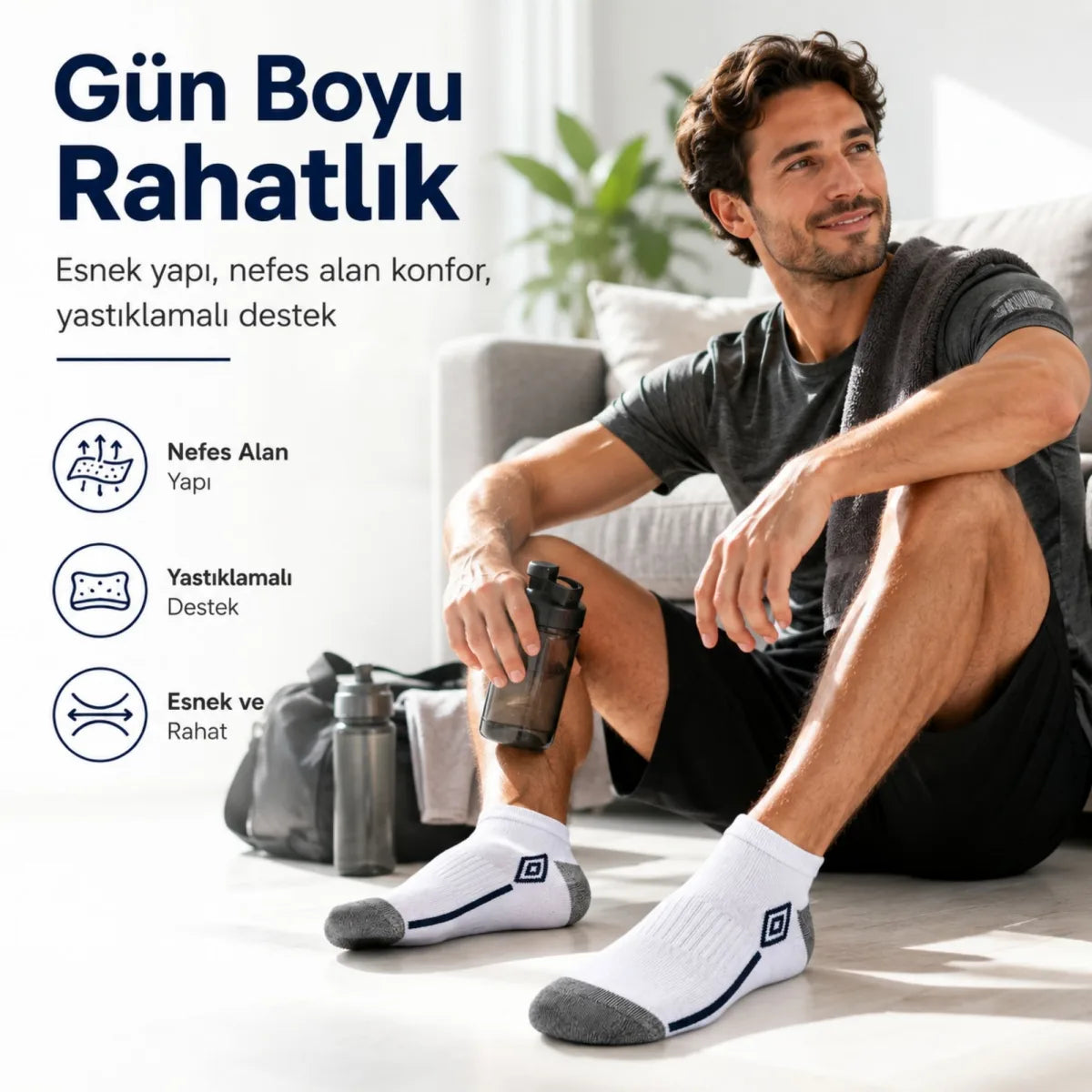 Erkek 6’lı Spor Patik Çorap 39-44 Pamuklu Havlu Destekli Bilek Boy Beyaz Gri