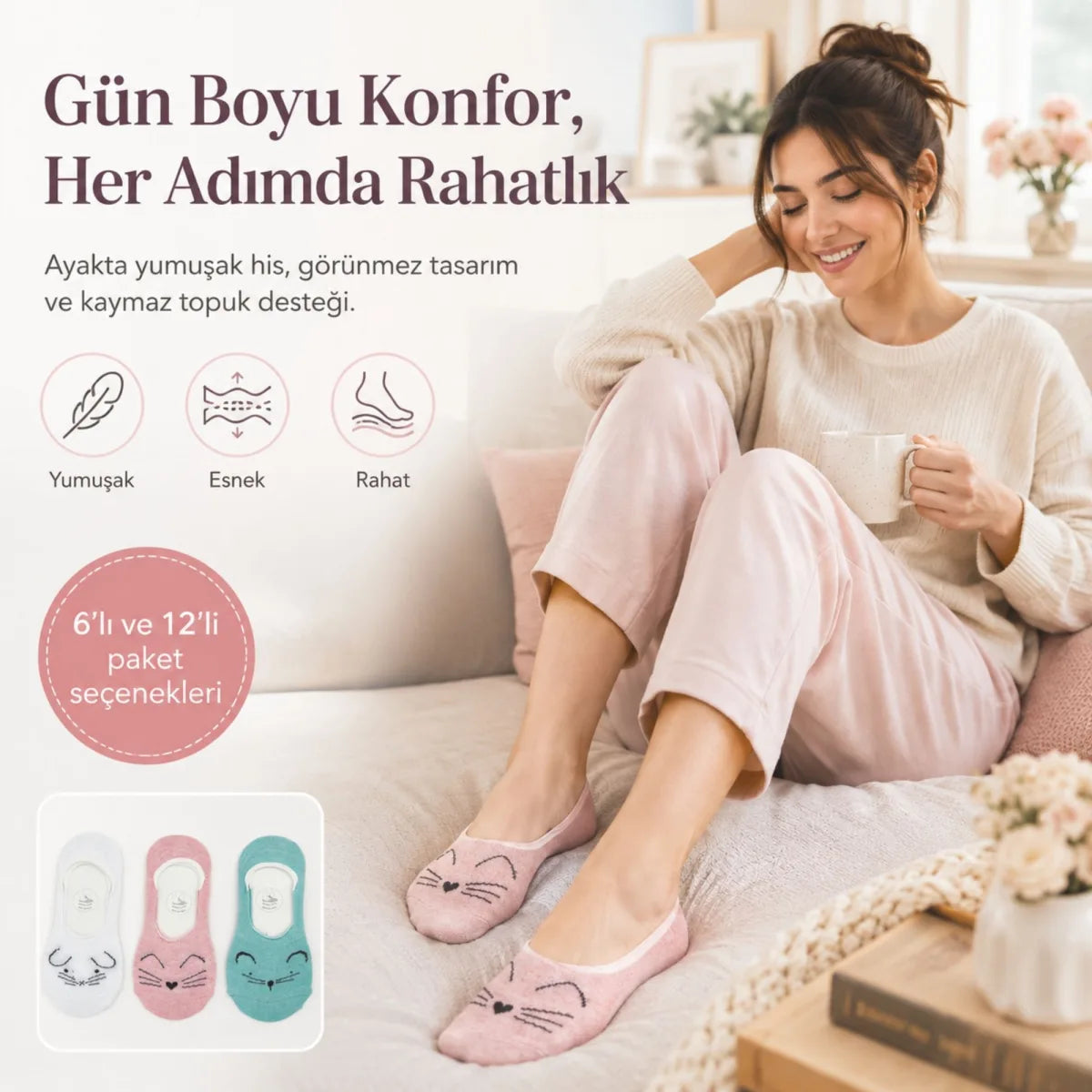 Kadın Hayvan Figürlü Görünmez Ekonomik Babet Çorabı 12’li Paket – Kaymaz Topuklu Pamuklu Ekru, Pembe, Nane Yeşili