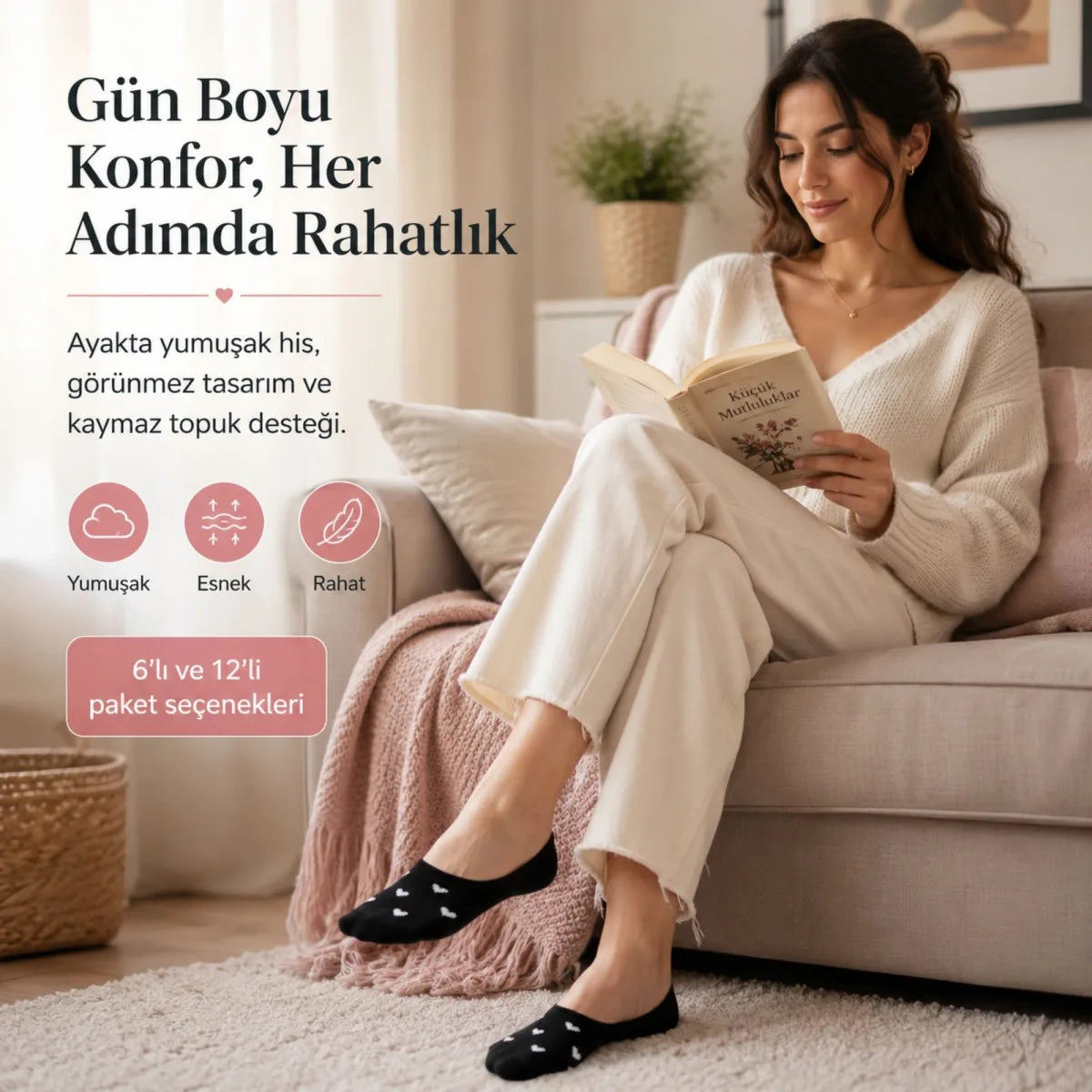 Kadın Kalp Desenli Görünmez Ekonomik Babet Çorabı 12’li Paket – Siyah, Beyaz ve Karışık Renk Kaymaz Topuklu Pamuklu Çorap