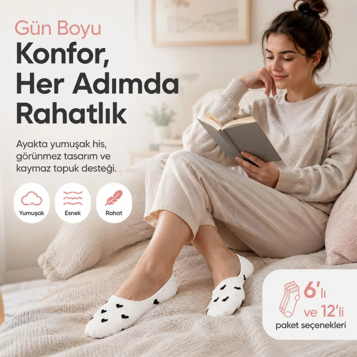 Kadın Kalp Desenli Görünmez Ekonomik Babet Çorabı 12’li Paket – Siyah, Beyaz ve Karışık Renk Kaymaz Topuklu Pamuklu Çorap