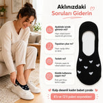 Kadın Kalp Desenli Görünmez Ekonomik Babet Çorabı 12’li Paket – Siyah, Beyaz ve Karışık Renk Kaymaz Topuklu Pamuklu Çorap