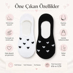 Kadın Kalp Desenli Görünmez Ekonomik Babet Çorabı 12’li Paket – Siyah, Beyaz ve Karışık Renk Kaymaz Topuklu Pamuklu Çorap