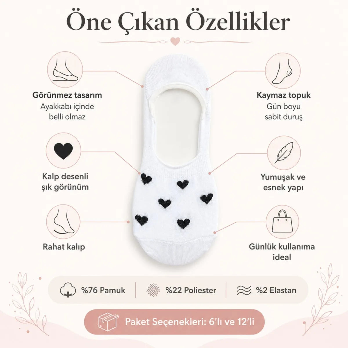 Kadın Kalp Desenli Görünmez Ekonomik Babet Çorabı 12’li Paket – Siyah, Beyaz ve Karışık Renk Kaymaz Topuklu Pamuklu Çorap