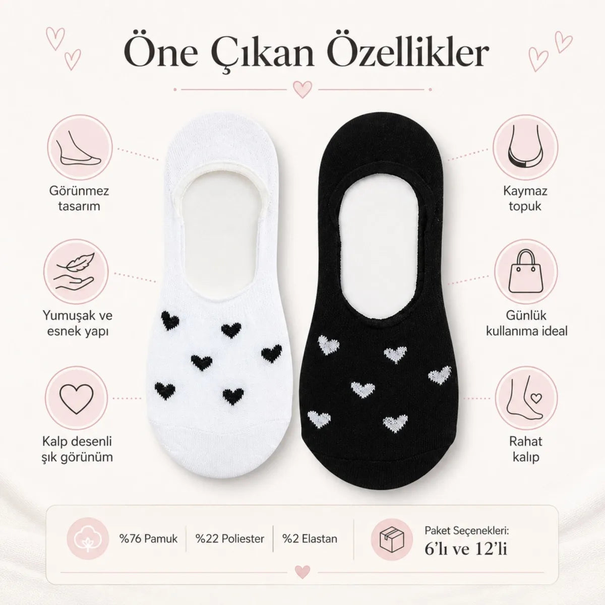 Kadın Kalp Desenli Görünmez Ekonomik Babet Çorabı 6’lı Paket – Siyah, Beyaz ve Karışık Renk Kaymaz Topuklu Pamuklu Çorap