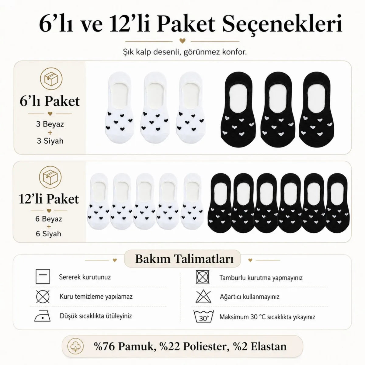 Kadın Kalp Desenli Görünmez Ekonomik Babet Çorabı 6’lı Paket – Siyah, Beyaz ve Karışık Renk Kaymaz Topuklu Pamuklu Çorap