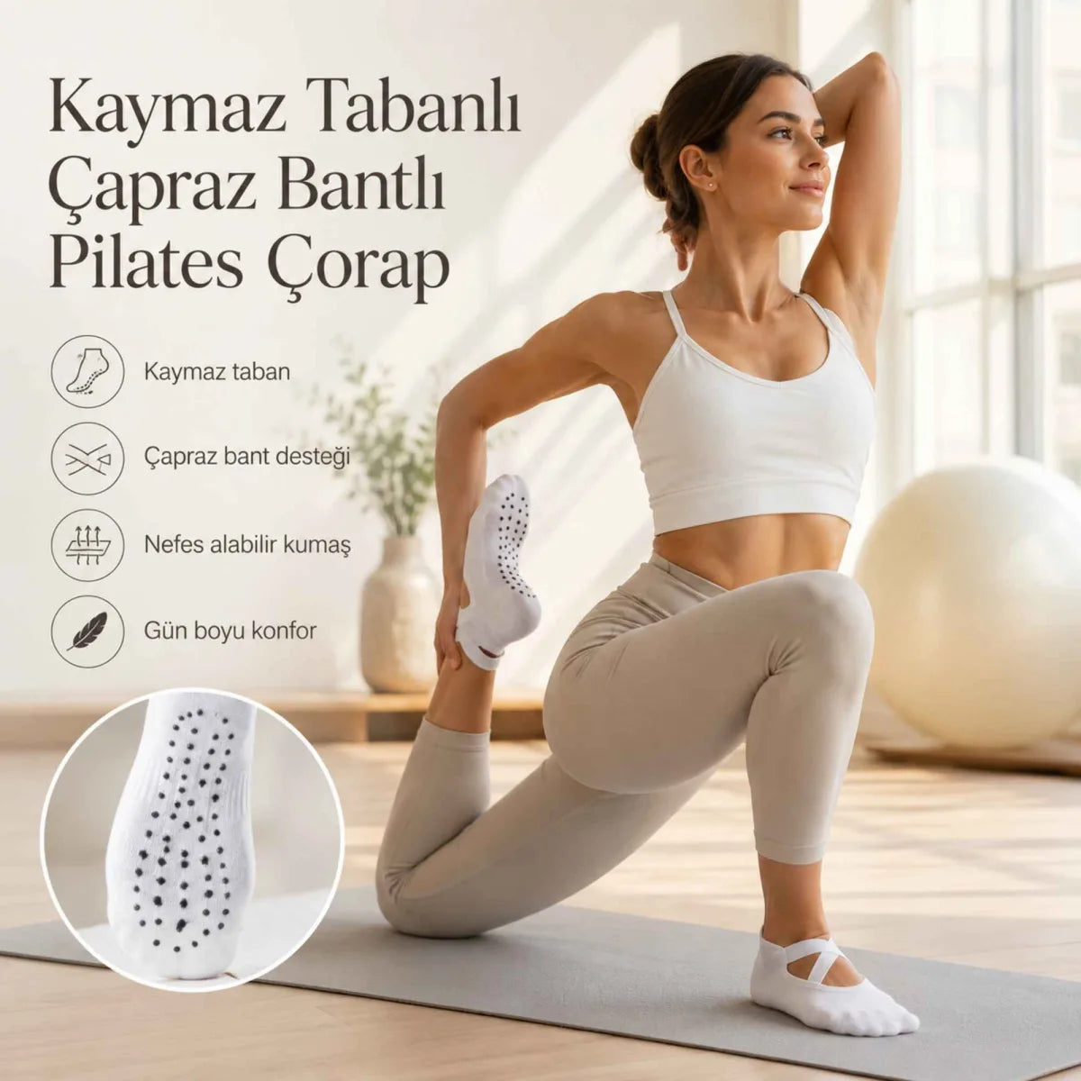 Kaymaz Tabanlı Kadın Balerin Tasarımlı Yoga Pilates Çorabı Çapraz Bantlı Spor Çorap Hac Umre Çorabı