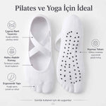 Kaymaz Tabanlı Kadın Balerin Tasarımlı Yoga Pilates Çorabı Çapraz Bantlı Spor Çorap Hac Umre Çorabı