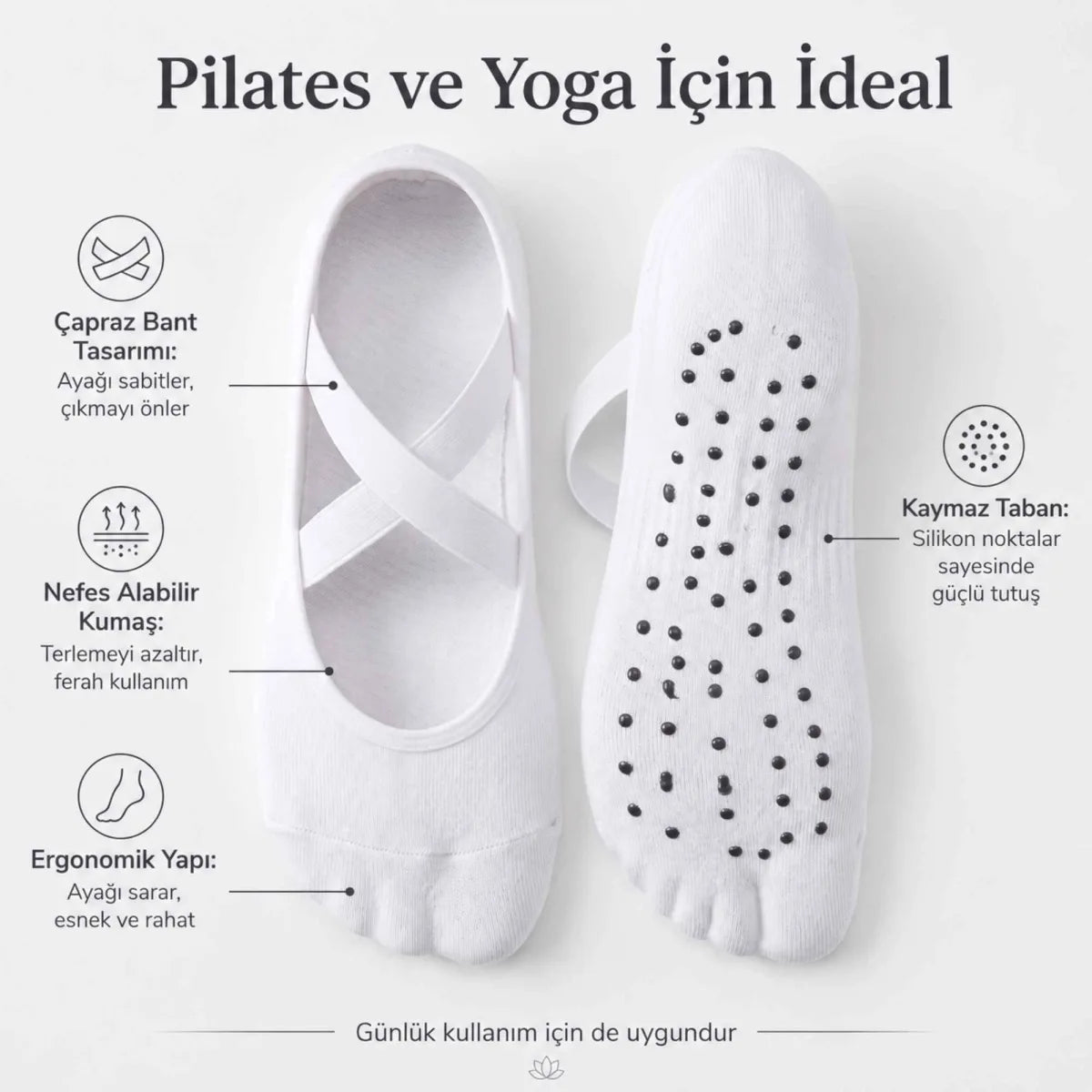 Kaymaz Tabanlı Kadın Balerin Tasarımlı Yoga Pilates Çorabı Çapraz Bantlı Spor Çorap Hac Umre Çorabı