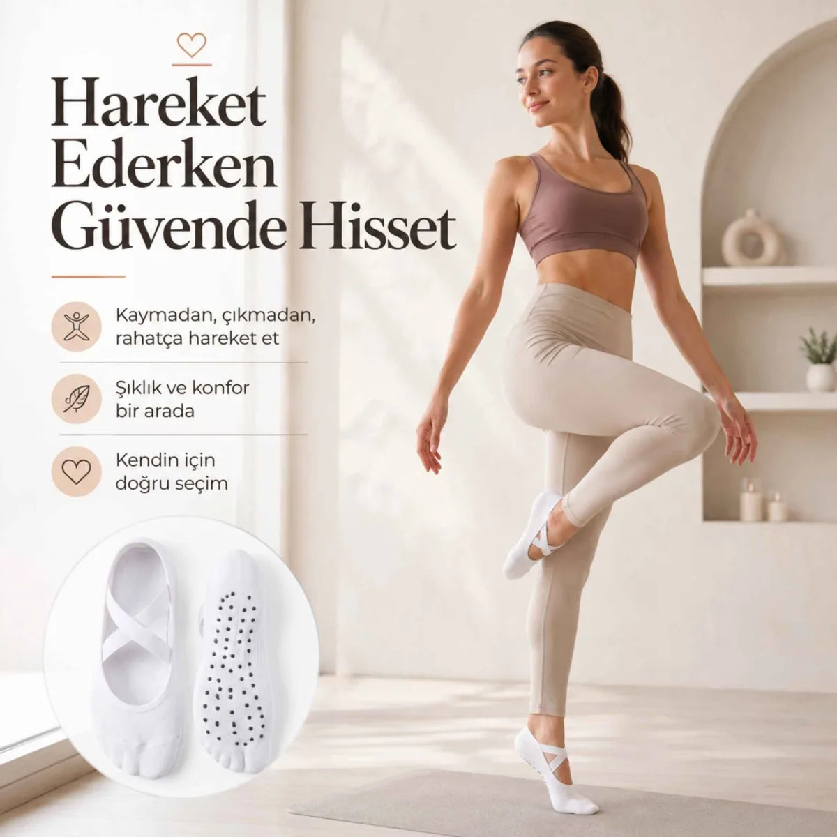 Kaymaz Tabanlı 3’lü Kadın Balerin Tasarımlı Yoga Pilates Çorabı Çapraz Bantlı Spor Çorap Hac Umre Çorabı