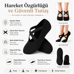 Kaymaz Tabanlı 3’lü Kadın Balerin Tasarımlı Yoga Pilates Çorabı Çapraz Bantlı Spor Çorap Hac Umre Çorabı